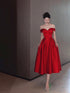 Red Sweetheart Off Shoulder Tea Length Formal Dress, Red Satin Formal Dress Homecoming Dress