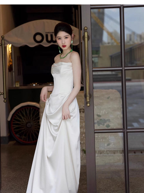 White Satin Strapless Floor Length Wedding Party Dress, White Satin Long Prom Dress