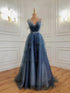 Dark Blue Beaded Straps Low Back Tulle Prom Dress, Blue A-line Party Dress