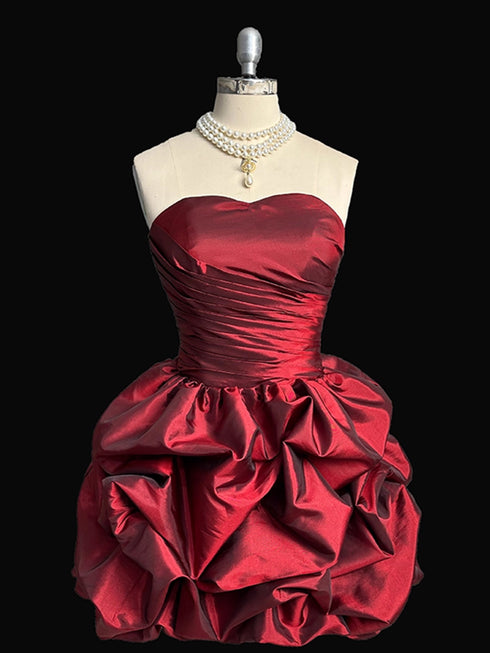 Wine Red Strapless Taffeta Scoop Short Homecoming Dress, Wine Red Taffeta Short Party Dress