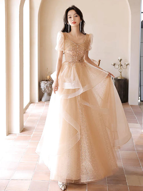 A-Line Champagne Short Sleeves Tulle With Lace Party Dress, Champagne Long Prom Dress