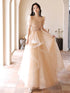 A-Line Champagne Short Sleeves Tulle With Lace Party Dress, Champagne Long Prom Dress