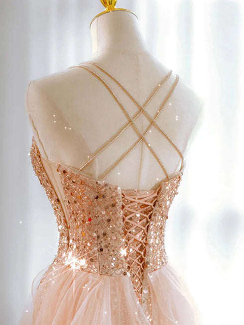 Light Champagne Sequins and Tulle Homecoming Dress, Light Champagne Party Dress