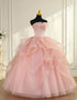 Pink Ball Gown Tulle Strapless Long Formal Dress with Lace, Pink Tulle Sweet 16 Gown
