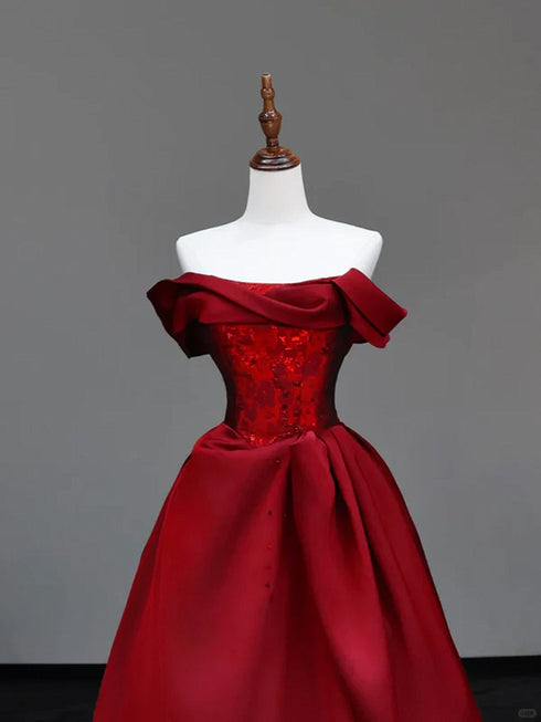 Wine Red Satin Off Shoulder Sweetheart Party Dress, Wine Red Satin Floor Length Prom Dress