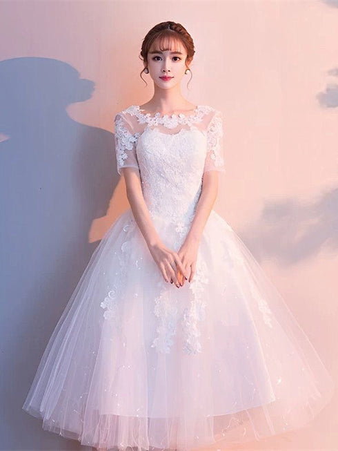 White Tulle Short Sleeves Tea Length Wedding Party Dress, White Tulle Party Dress