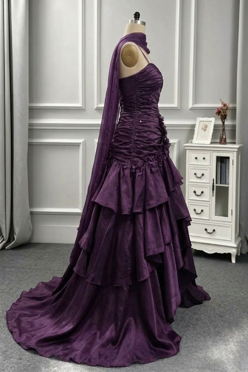 Purple Satin Straps Layers Long Prom Dress with Flowers, Purple High Low Formal Dress
