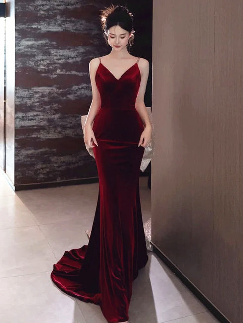 Wine Red Velvet Mermaid Backless Long Evening Dress, Wine Red Velvet Prom Dress Party Dress