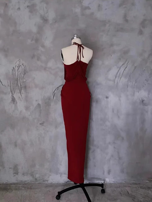 Wine Red Halter Off Shoulder Party Dress, Wine Red Floor Length Long Prom Dress