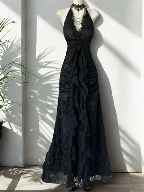 Black Lace Halter V-neckline Floor Length Party Dress, Black Lace A-line Prom Dress