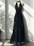 Black Lace Halter V-neckline Floor Length Party Dress, Black Lace A-line Prom Dress
