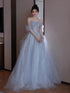 Light Blue Tulle and Sequins Off Shoulder Party Dress, Light Blue Floor Length Prom Dress