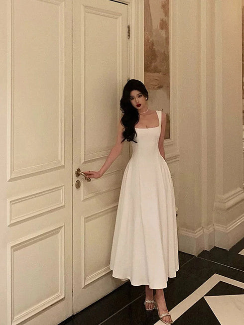 White Tea Length Sleeves Spandex Formal Dress, White Straps Evening Dress Graduation Dress