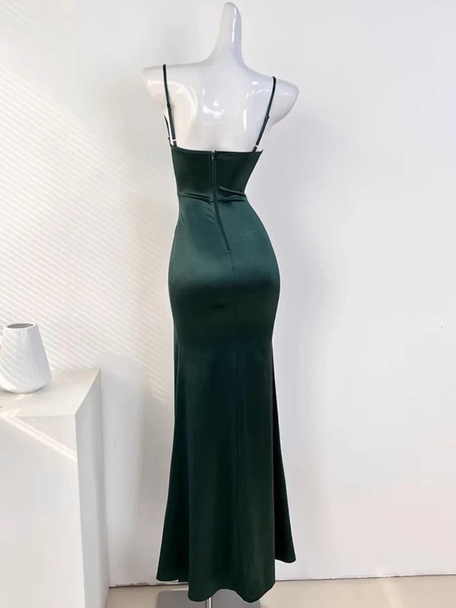 Green Satin Mermaid Straps Long Party Dress with Leg Slit, Green Satin