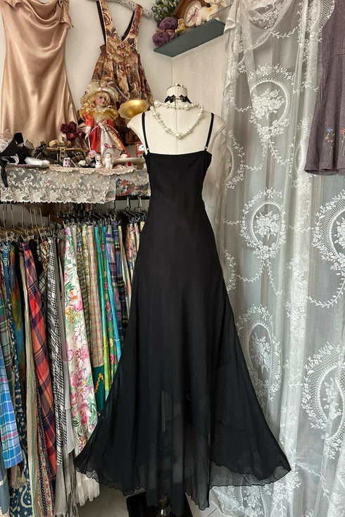 Black Chiffon Beaded Straps Long Party Dress, Black Chiffon A-line Prom Dress