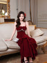 Wine Red Beaded Velvet Layers Straps Long Formal Dress, Wine Red Velvet Long Prom Dress