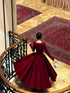 Wine Red Long Sleeves Velvet A-line Formal Dress, Wine Red Velvet Prom Dress Party Dress