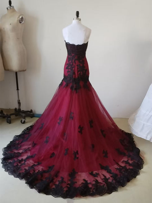 Wine Red Tulle with Black Lace Applique Mermaid Party Dress, Wine Red Tulle Prom Dress