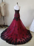 Wine Red Tulle with Black Lace Applique Mermaid Party Dress, Wine Red Tulle Prom Dress