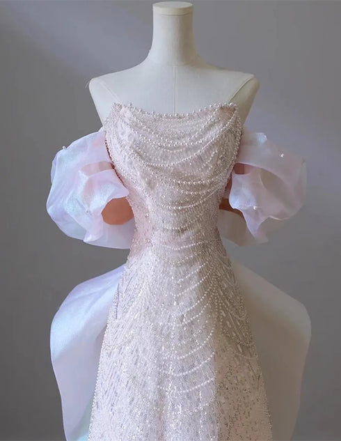 Pink Lace Strapless Beaded A-line Prom Dress, Pink Tulle Long Evening Dress Formal Dress