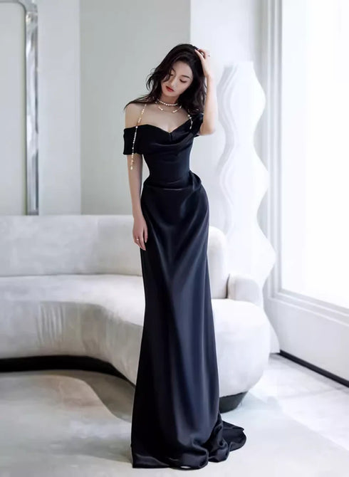 Black Off Shoulder Soft Satin Floor Length Party Dress, Black Satin Evening Dress