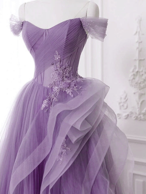 Purple Tulle with Lace Applique Long Formal Dress, Purple A-line Prom Dress