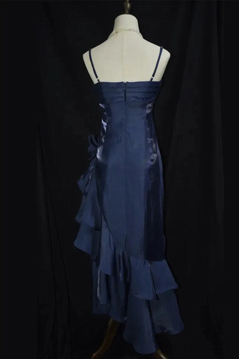Stylish Strapless Navy Blue Satin Layered Long Party Dress Formal Birthday Prom Dresses main image 1