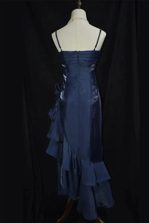 Navy Blue Straps High Low Satin Chic Party Dress, Navy Blue Prom Dress Evening Dress