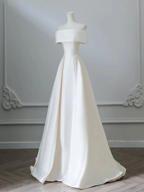 Simple A-line Ivory Satin Off Shoulder Long Party Dress, Ivory Long Prom Dress