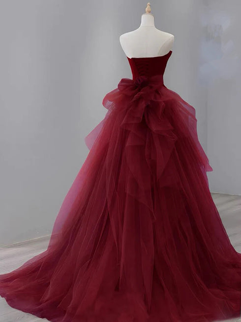 Glam Wine Red Satin And Tulle Long Party Dress, Strapless Wine Red Evening Dress