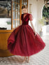 Wine Red Velvet and Tulle Tea Length Party Dress, Wine Red Wedding Party Dress