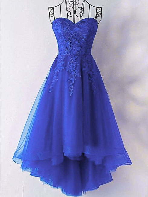 Royal Blue Tulle with Lace Applique High Low Party Dress, Royal Blue Homecoming Dress