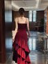 Wine Red Velvet Straps Scoop Long Evening Dress, Wine Red Layers Prom Dress