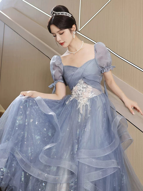 A-Line Blue Tulle With Lace Applique Formal Dress, Blue Tulle Short Sleeves Long Prom Dress