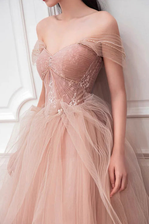 A-line Pink Tulle Beaded Sweetheart Off Shoulder Evening Dress, Pink Tulle Prom Dress