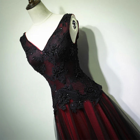 A-line Black and Red Tulle with Lace Applique Prom Dress, Black and Red Long Party Dress