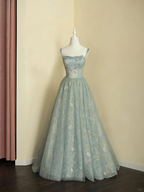 Light Green Straps A-line Tulle with Lace Floor Length Party Dress, Light Green Prom Dress