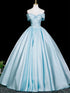 A-line Blue Satin Off Shoulder Prom Dress, Blue Simple Floor Length Evening Dress