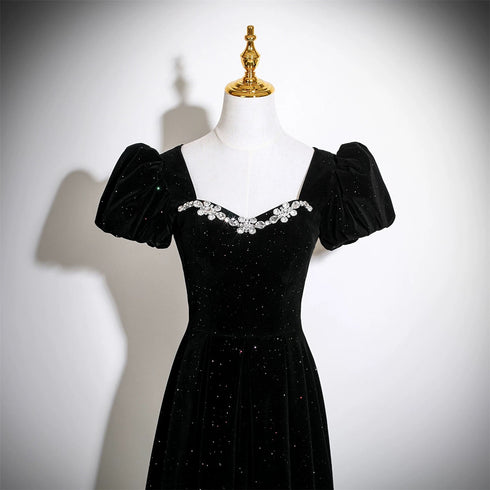A-line Black Velvet Beaded Short Sleeves Long Party Dress, Black Velvet Sweetheart Prom Dress