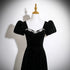 A-line Black Velvet Beaded Short Sleeves Long Party Dress, Black Velvet Sweetheart Prom Dress