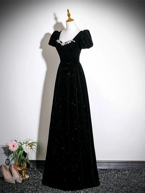 A-line Black Velvet Beaded Short Sleeves Long Party Dress, Black Velvet Sweetheart Prom Dress