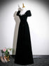 A-line Black Velvet Beaded Short Sleeves Long Party Dress, Black Velvet Sweetheart Prom Dress