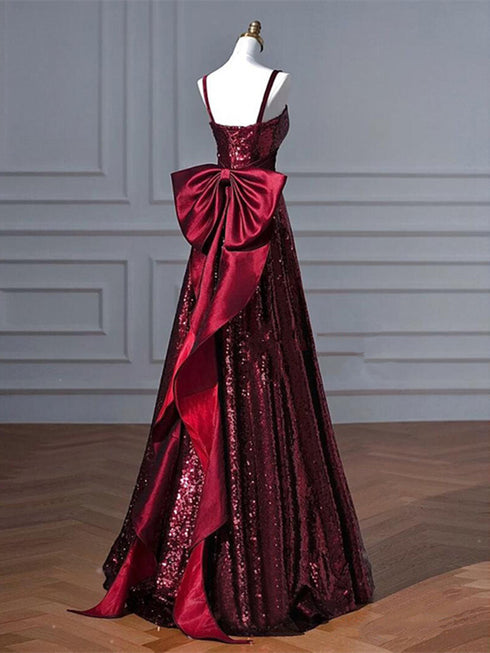 Wine Red Sequins Straps A-line Prom Dress, Wine Red Long Sweetheart Evening Dress