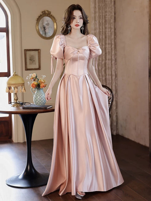 Pink Satin A-line Sweetheart Party Dress Prom Dress, Pink Long Party Dress Evening Dress