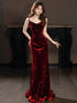 Wine Red Velvet Straps Mermaid Long Evening Dress, Wine Red Velvet Prom Dress