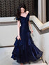 Blue Satin Mermaid Off Shoulder Prom Dress, Blue Sweetheart Long Formal Dress