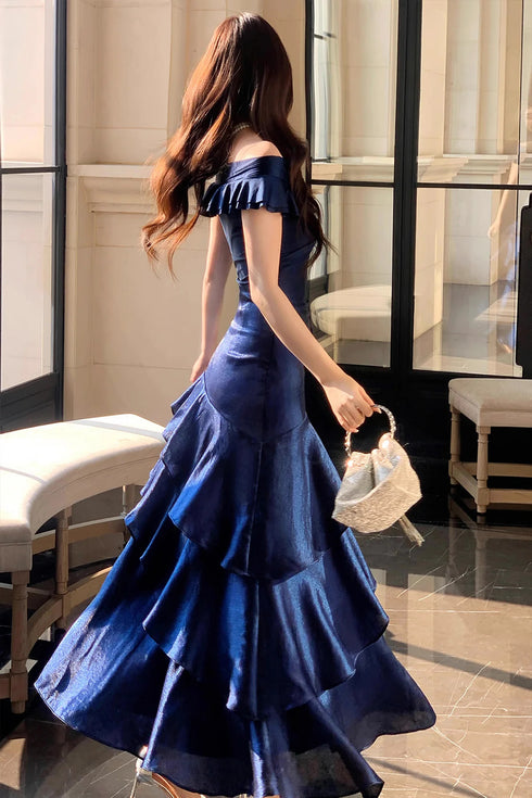 Blue Satin Mermaid Off Shoulder Prom Dress, Blue Sweetheart Long Formal Dress