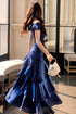 Blue Satin Mermaid Off Shoulder Prom Dress, Blue Sweetheart Long Formal Dress