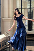 Blue Satin Mermaid Off Shoulder Prom Dress, Blue Sweetheart Long Formal Dress