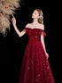 Wine Red Tulle Off Shoulder Sweetheart Party Dress, A-line Wine Red Long Prom Dress